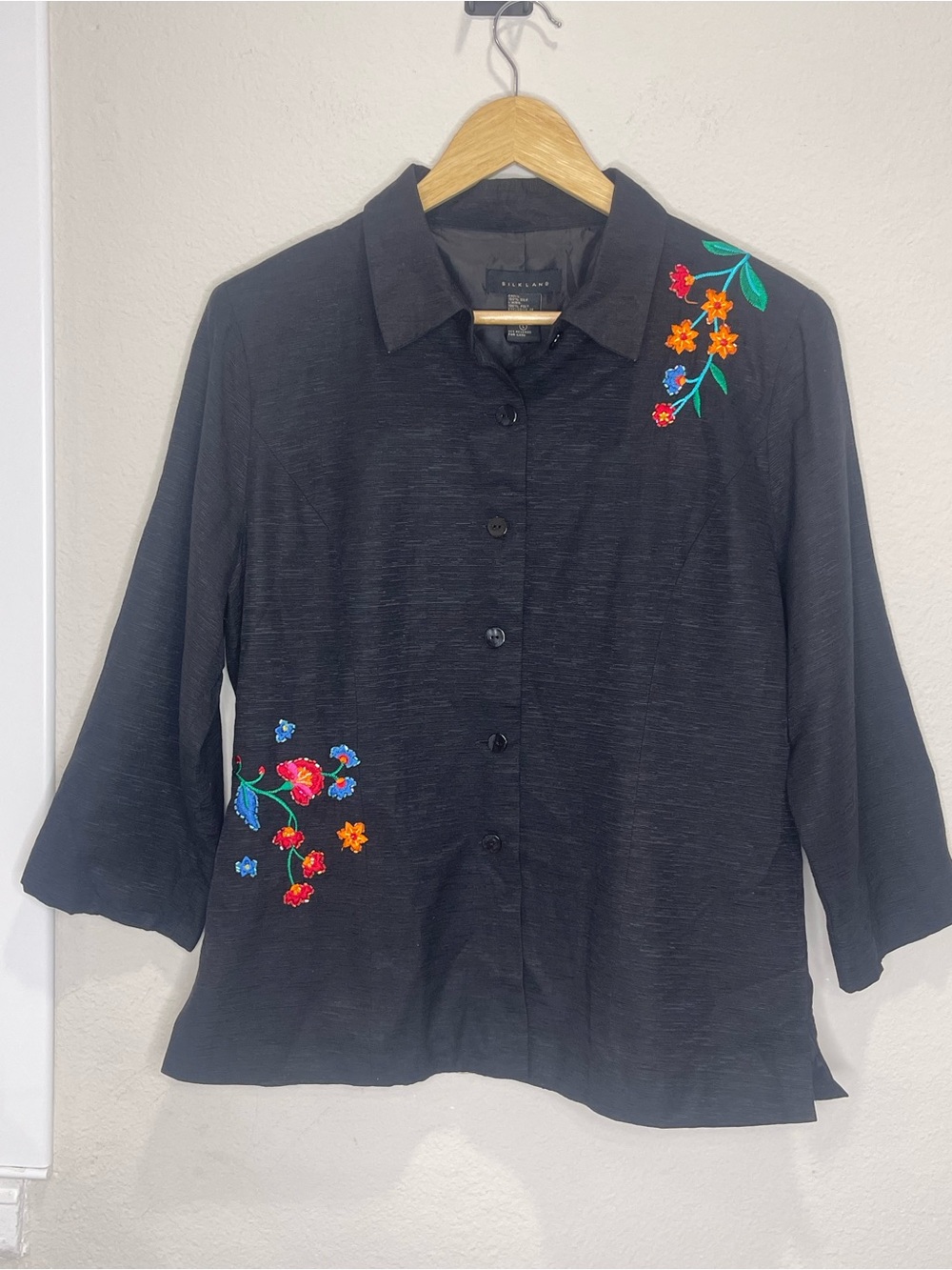 Silkland Embroidered Black Button-Front Jacket Top - 100% silk